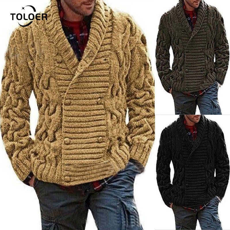 Vintage Knitted Sweater Men Fashion Autumn Cardigan Sweaters V-Neck Long Sleeve Male Solid Color Pullover Casual Sweatercoat